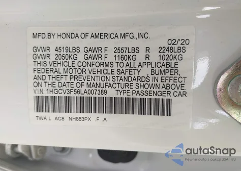 2020 Honda Accord Hybrid Ex-L from USA, damaged, VIN 1HGCV3F56LA007389